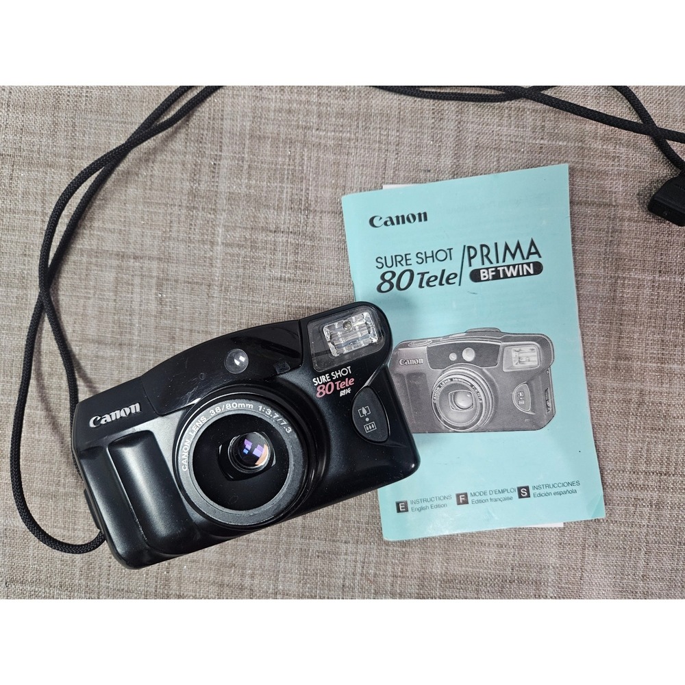 Canon Sure Shot 80 Tele 35mm Film Camera Prima BF Twin 38/80mm Dual Lens Black